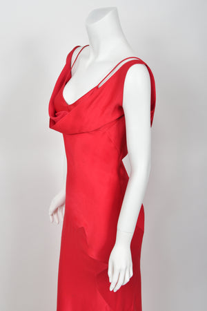 1994 John Galliano Ruby Red Off Shoulder Bias-Cut Gown Worn by Raquel Welch