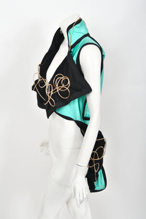 1991 John Galliano Documented Runway Black & Blue Military Inspired Cropped Vest