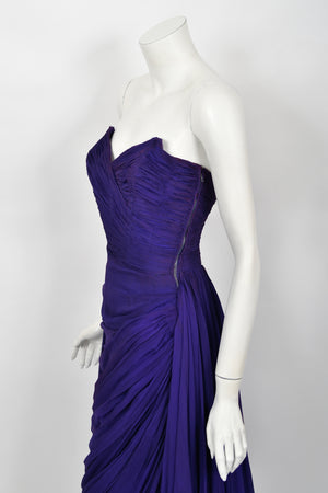 1950's Gigliola Curiel Couture Pleated Purple Silk Chiffon Strapless Goddess Gown