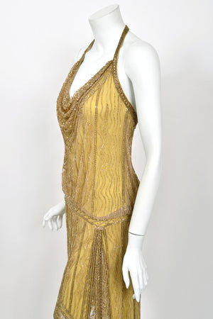 1992 Bob Mackie Runway Metallic Gold Fully-Beaded Halter High Slit 'Flapper' Dress