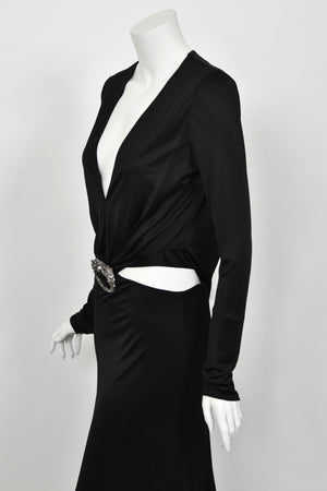 2004 Gucci by Tom Ford Black Silk Jersey Plunge Long Sleeve Cut-Out Finale Gown
