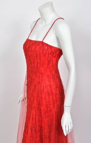 2001 Giorgio Armani 'Kate Moss for Vogue' Magazine Cover Fully-Beaded Ruby Red Silk Tulle Finale Gown