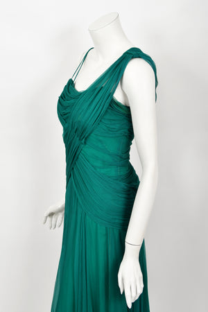 1958 Irene Lentz Couture Teal Green Draped Silk Grecian Goddess Gown