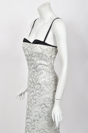 2003 Dolce & Gabbana Metallic Silver Brocade Built-In Bra Hourglass Corset Dress