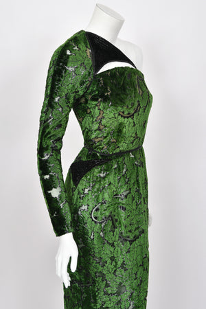 1990 Geoffrey Beene Couture 'Green Leaves' Sheer Devoré Velvet One-Sleeve Hourglass Gown