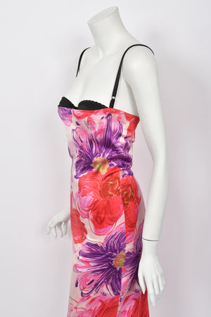 2001 Dolce & Gabbana Floral Stretch Silk Built-In Bra Hourglass Slip Dress