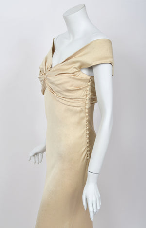 2007 John Galliano Champagne Silk Satin Off-Shoulder Bustier Bias-Cut Gown w/Tags