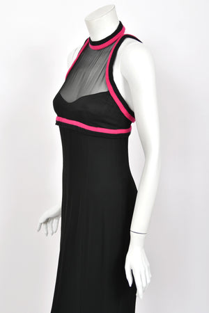 1994 Chanel by Karl Lagerfeld Black Sheer Silk Chiffon Pink Cashmere Trimmed Maxi Dress w/ Shawl