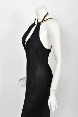 1998 Versace Couture Black Stretch Knit & Sheer Silk Cut-Out Hourglass Gown