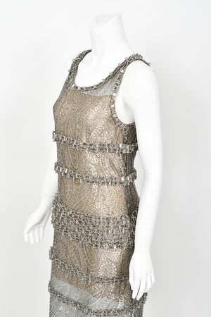 2012 Chanel by Karl Lagerfeld Runway Crystal Beaded Sheer Silver & Gold Lace Dress