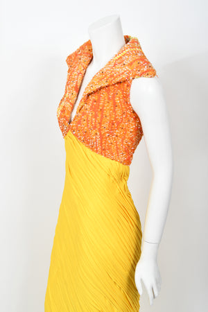 1968 La Mendola Heavily Pleated Yellow Silk-Jersey Beaded Glamour Gown