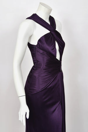 2013 Versace Runway Royal Purple Stretch Jersey Cut-Out High Slit Hourglass Gown