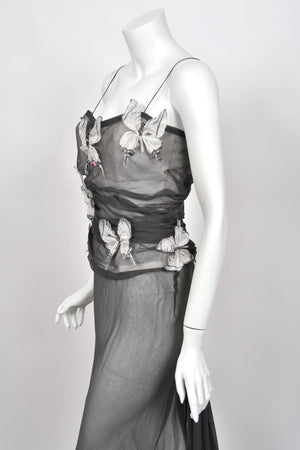 1998 Dolce & Gabbana 'Stromboli Collection' Hand-Painted Butterflies Grey Sheer Silk Corset Gown