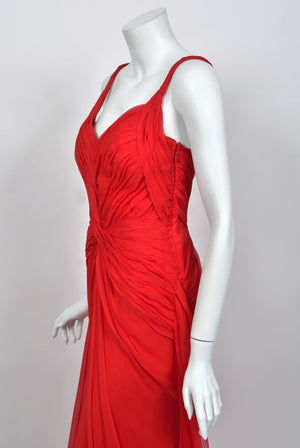 2007 Emanuel Ungaro Lipstick Red Heavily Ruched Silk Chiffon Trained Hourglass Gown