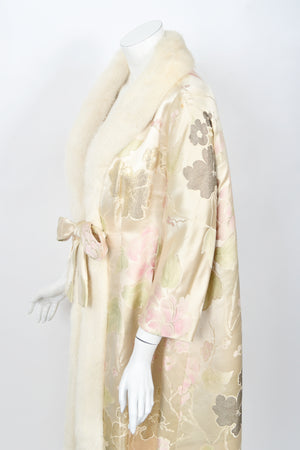1965 Nina Ricci Haute Couture Documented Pink Silk-Brocade & Mink Fur Maxi Coat