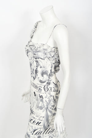 2006 John Galliano Documented Newspaper Print Silk Chiffon Bias-Cut Slip Dress