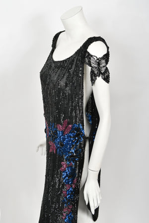 1920's Beaded Sequin Sheer-Net Butterfly Motif Asymmetric Flapper Dress