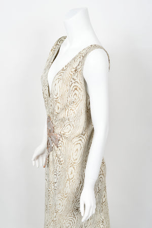 1930's Metallic Wood-Patterned Lamé Deco Appliqué Bias-Cut Trained Bridal Gown