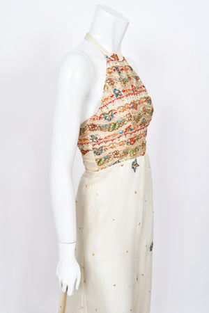 1979 Thea Porter Couture Metallic Gold Embroidered Ivory Silk-Chiffon Halter Gown