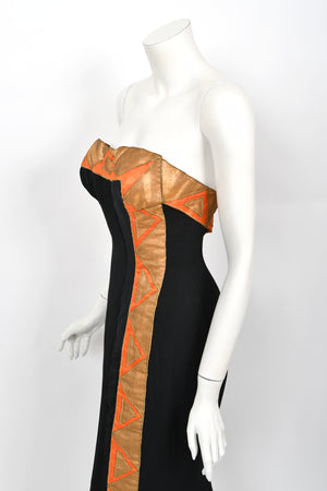1950's Yma Sumac Custom Couture Black & Orange Silk Hourglass Gown Ensemble