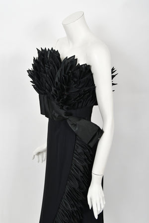 1959 Hall Ludlow Couture Museum-Held Black Silk Appliquéd Petals Hourglass Gown