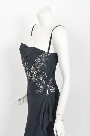 2006 Christian Dior by John Galliano Beaded Gunmetal Silk Bustier Dress