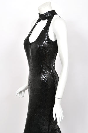 1973 Loris Azzaro Couture Black Fully Sequin Cut-Out Hourglass Mermaid Gown