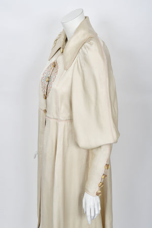 1973 Bill Gibb Couture Embroidered Ivory Satin Mutton-Sleeve Jacket & Vest