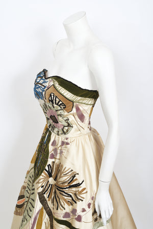 1950's Emilio Schuberth Italian Couture 'Under The Sea' Motif Satin Gown