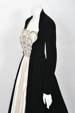 1952 Nina Ricci Haute Couture Documented Ivory Beaded Satin & Black Velvet Gown