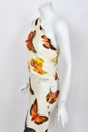 2007 Alexander McQueen Butterfly Motif Silk Asymmetric Billow Sleeve Bias-Cut Gown