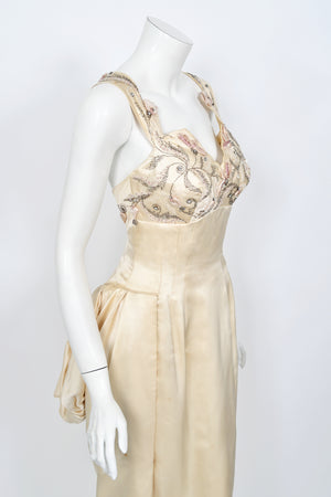 1950's Candlelight Satin Beaded Appliqué Skirted Hourglass Custom Couture Dress