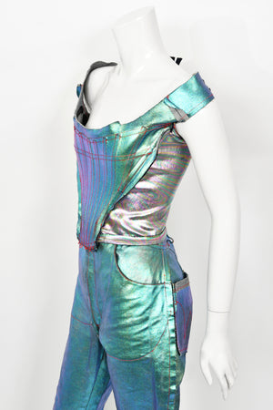1993 Vivienne Westwood Runway Metallic Foiled Denim Corset Bustier & Matching Pants