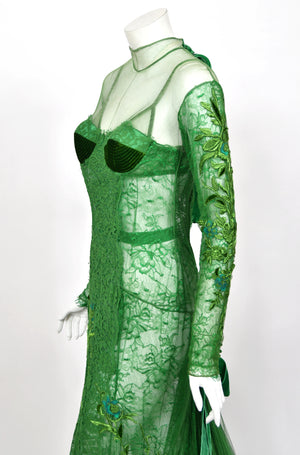 2011 Tom Ford Emerald Green Embroidered Sheer Tulle Lace Velvet-Bra Trained Editorial Gown