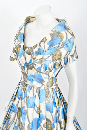 1956 Christian Dior Couture Blue Floral Silk Portrait Collar New Look Dress