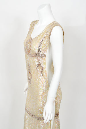 1920's Iridescent Ivory & Gold Beaded Sequin Sheer-Net Tabard Flapper Dress