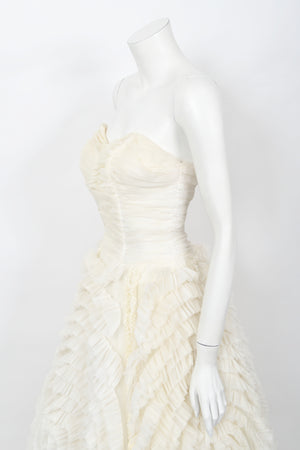 1950's Ivory Chiffon Strapless Tiered Ruffle Full-Length 'New Look' Bridal Gown