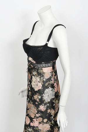 1997 Dolce & Gabbana Sheer Floral Chiffon & Lace Built-In Bra Slip Dress