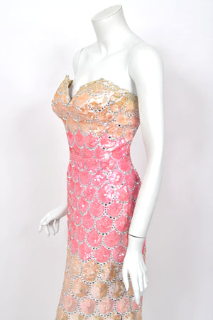 1950's Custom Couture Fully Sequin Pink Ombré Rhinestone Hourglass Gown w/ Gloves