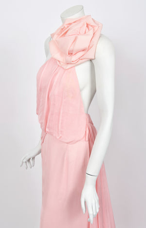 2008 Emanuel Ungaro Runway Blush-Pink Silk Floral Appliqué Trained Gown