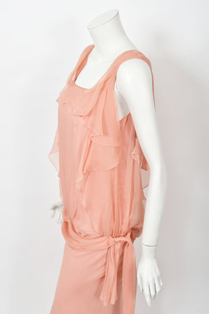 2008 John Galliano Pale Pink Semi-Sheer Silk Draped Ruffle Bias-Cut Gown