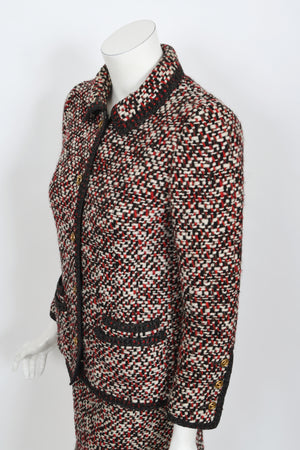 1973 Chanel Haute Couture Red Black Ivory Wool Tweed Jacket & Skirt Suit