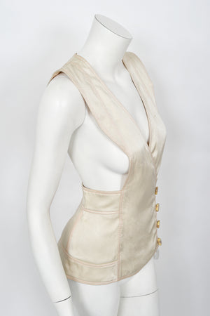 1973 Bill Gibb Couture Embroidered Ivory Satin Mutton-Sleeve Jacket & Vest
