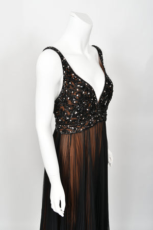 1969 Bob Mackie Couture Documented Beaded Nude-Illusion Pleated Silk Cape Gown