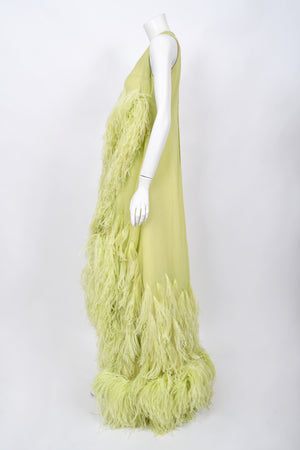 1968 Christian Dior Haute Couture Maria Felix Owned Chartreuse Silk Feather Gown