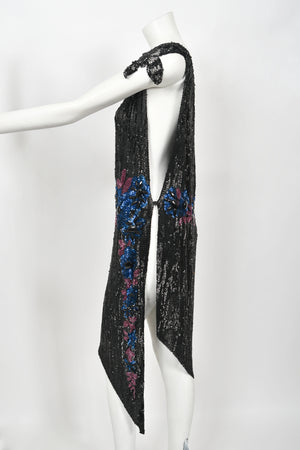 1920's Beaded Sequin Sheer-Net Butterfly Motif Asymmetric Flapper Dress