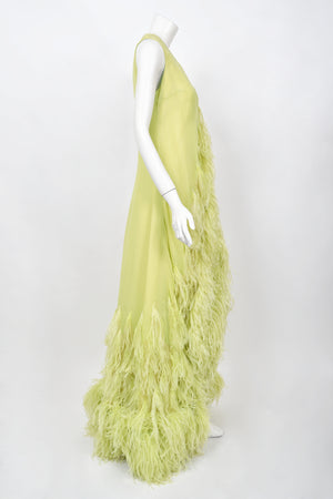 1968 Christian Dior Haute Couture Maria Felix Owned Chartreuse Silk Feather Gown