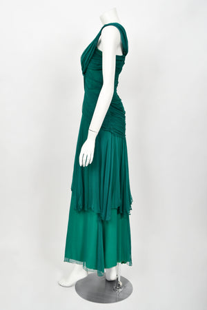 1958 Irene Lentz Couture Teal Green Draped Silk Grecian Goddess Gown