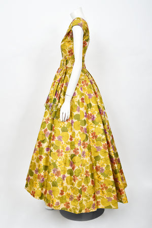 1950's Lanvin Castillo Haute Couture Watercolor Floral Silk Print Full-Skirt Gown