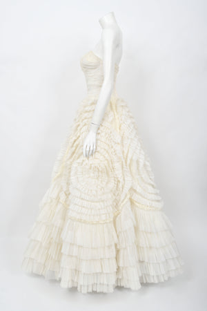 1950's Ivory Chiffon Strapless Tiered Ruffle Full-Length 'New Look' Bridal Gown